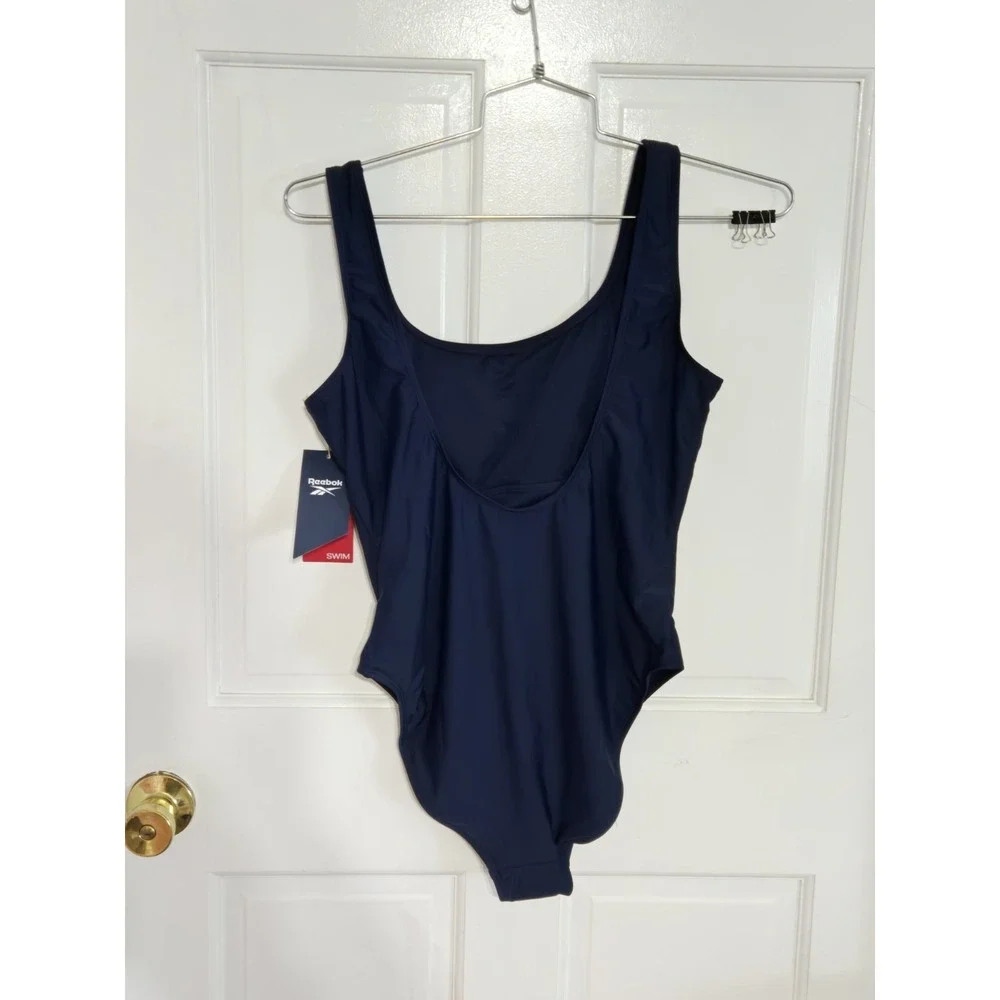 Reebok one piece swim suit low scoop back‎ NWT Navy blue sz Large $62MSRP